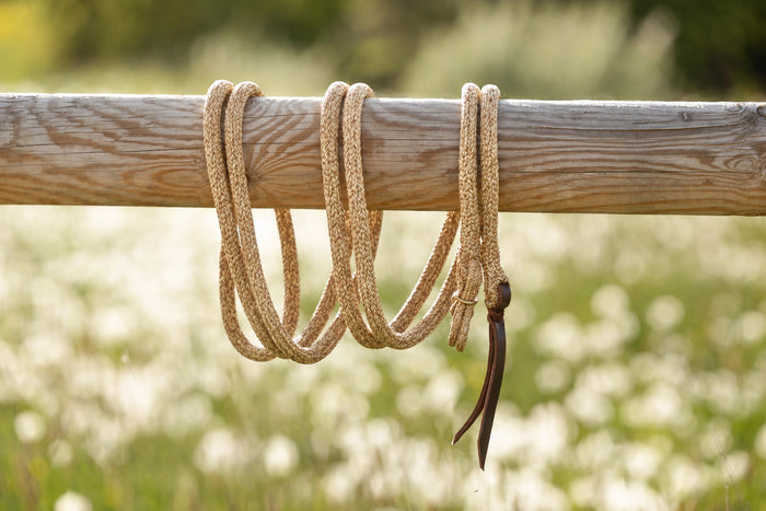 Beige — Gaucho rope with gold hardware on a wooden beam