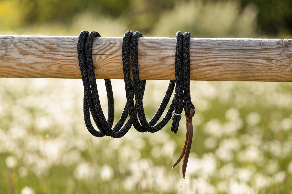 Black — Gauchoseil mit silbernen Beschlägen auf Holzbalken
