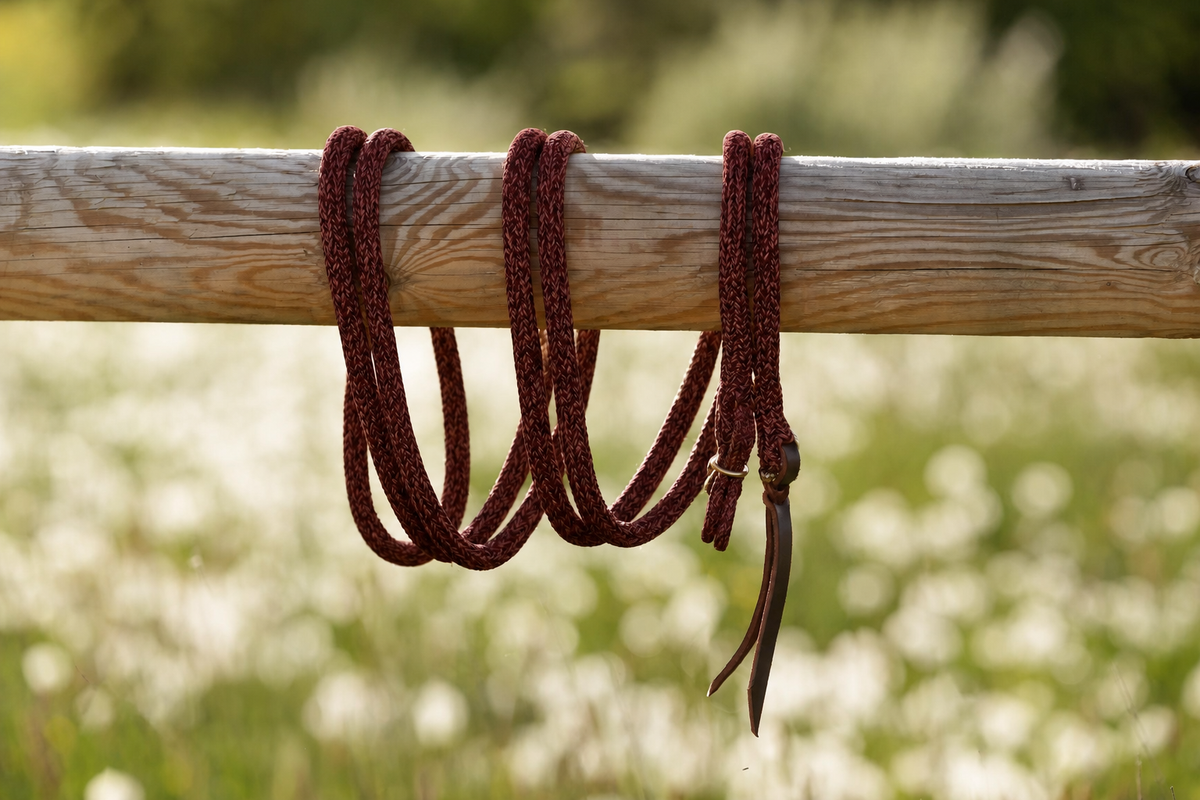 Blackberry — Gauchoseil mit goldenen Beschlägen auf Holzbalken