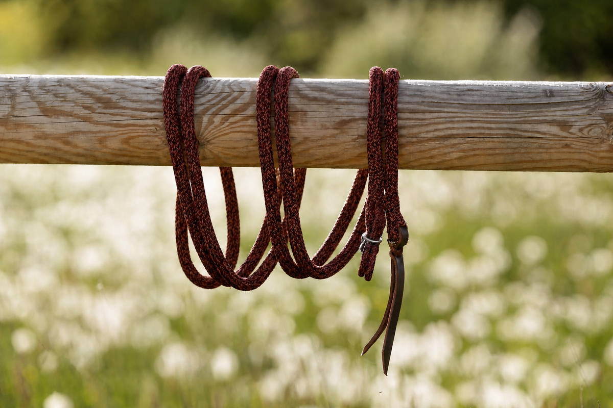 Blackberry — Gauchoseil mit silbernen Beschlägen auf Holzbalken