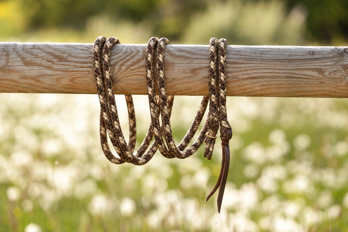 Earthy — Gaucho rope with gold hardware on a wooden beam
